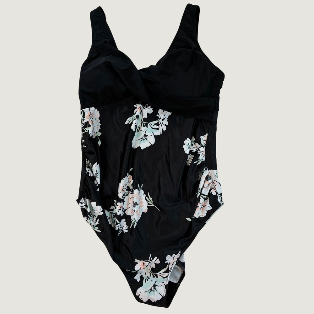 Women's One Piece Swimsuit Large Black Floral Twist Front V-Neck H74